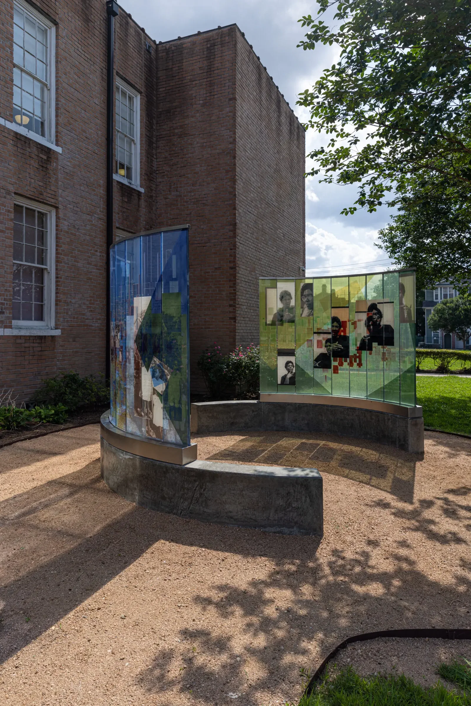 "The Meditative Space" is made up of two curved glass panels that show Barbara Jordan's expansive legacy and impact. (Photo by Alex Barber)