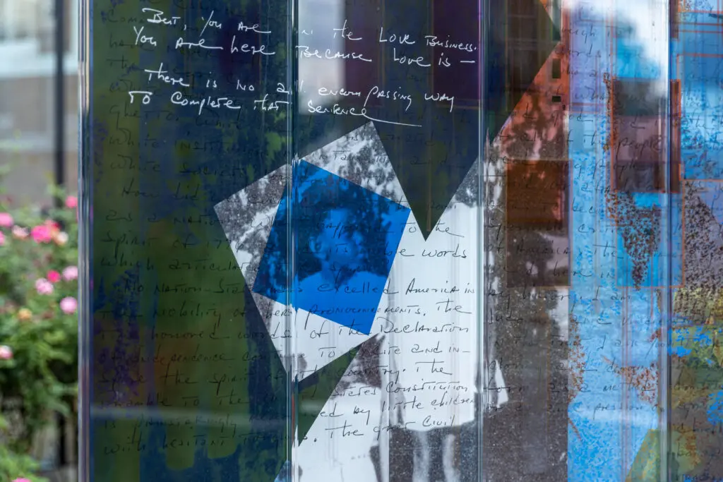 Close up of "The Meditative Space." The artwork features archival photos of Jordan, as well as excerpts from her powerful speeches. (Photo by Alex Barber)
