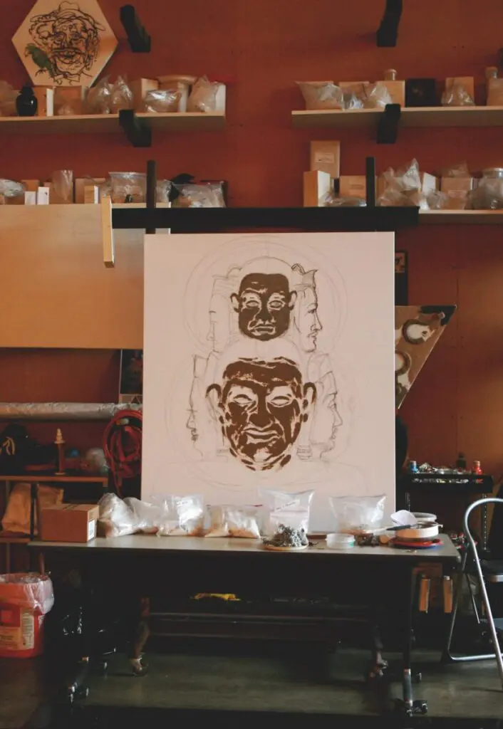 Wayne Gilbert's unorthodox materials rest on his easel. (Photo Jenny Antill Clifton, courtesy Texas Artists Today) 