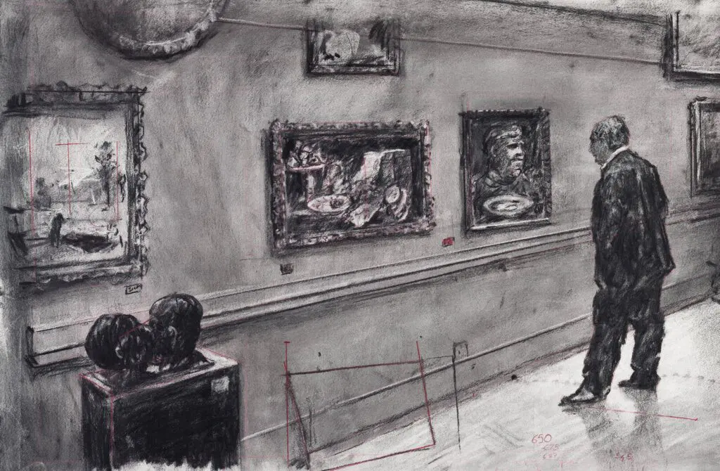 William Kentridge's "City Deep," 2020. This still from the video "City Deep" features Soho Eckstein, a recurring protagonist who has appeared in numerous Kentridge films. (Courtesy Museum of Fine Arts, Houston)