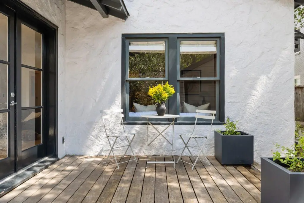 The back terrace at 1635 Hawthorne in Houston's Montrose neighborhood. (Photo by Josh Gremillion for Martha Turner Sotheby's International Realty )