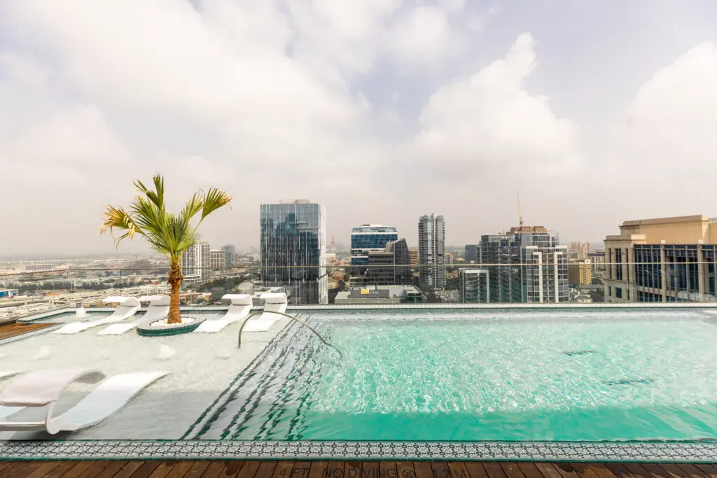 The rooftop infinity pool features hand-designed tiles. (Photo by Kathy Tran)