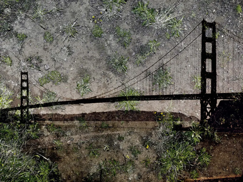 Abelardo Morell's tent-camera image on ground work "View of the Golden Gate Bridge from Battery Yates," 2012. (Courtesy Foto Relevance)