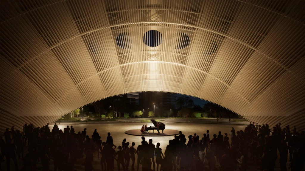 Rendering of “Arco del Tiempo” at night, courtesy of artist Riccardo Mariano and the Land Art Generator Initiative.