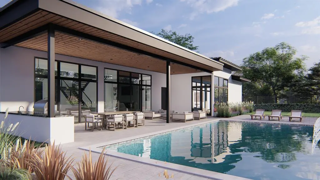 The contemporary pool and covered patio are some of the unique features at 11 Bunnelle Way. 