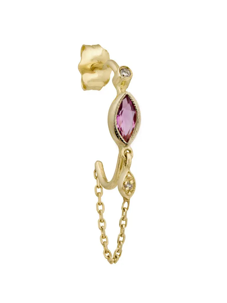 Stand out in this unique Celine Daoust Pink Tourmaline Marquise and Diamond Eye with Chain Hoop Yellow Gold Single Earring.