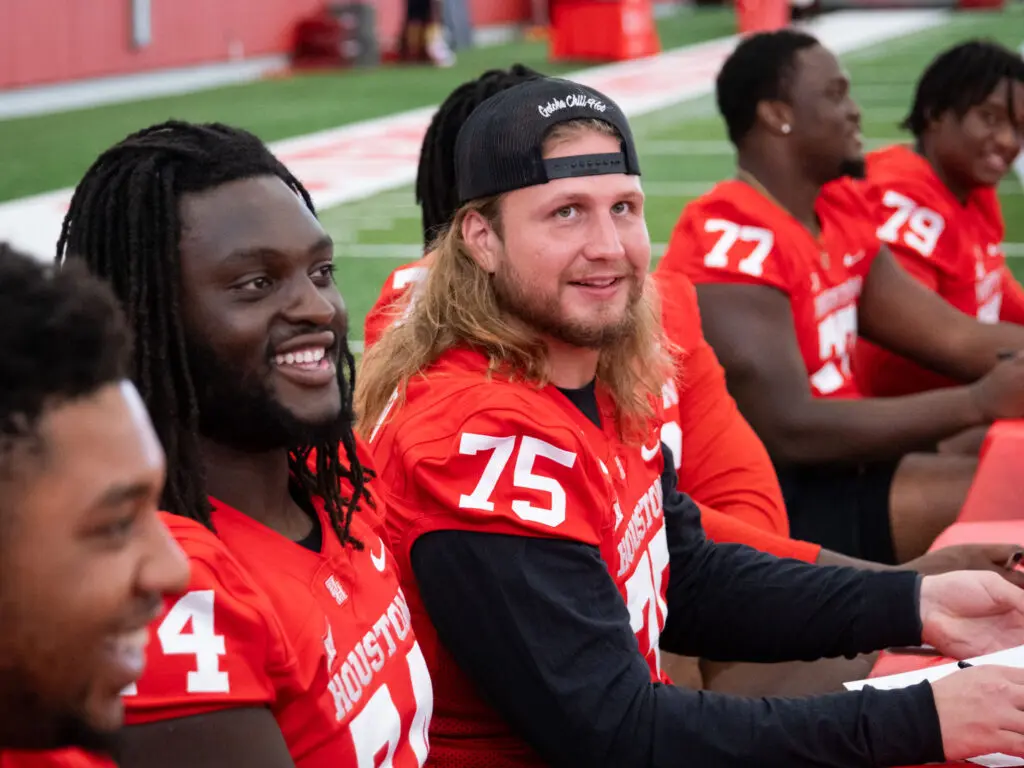 Jack Freeman (No. 75) is the center of UH's offensive line hopes. (Photo by F. Carter Smith) 