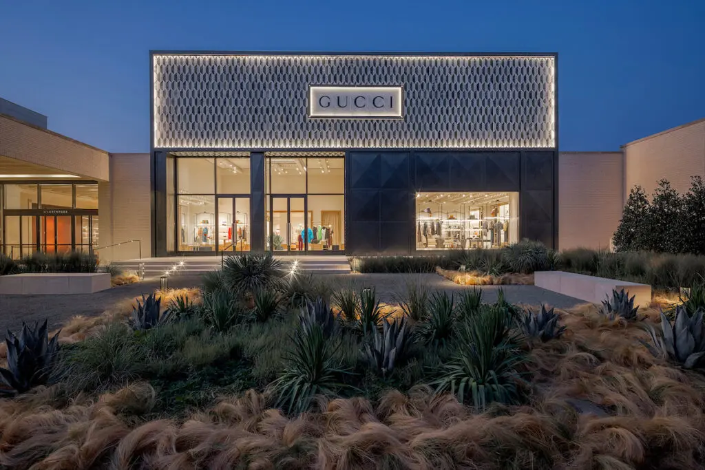 The southwestern-inspired exterior entrance at the new Dallas Gucci store in NorthPark Center. 