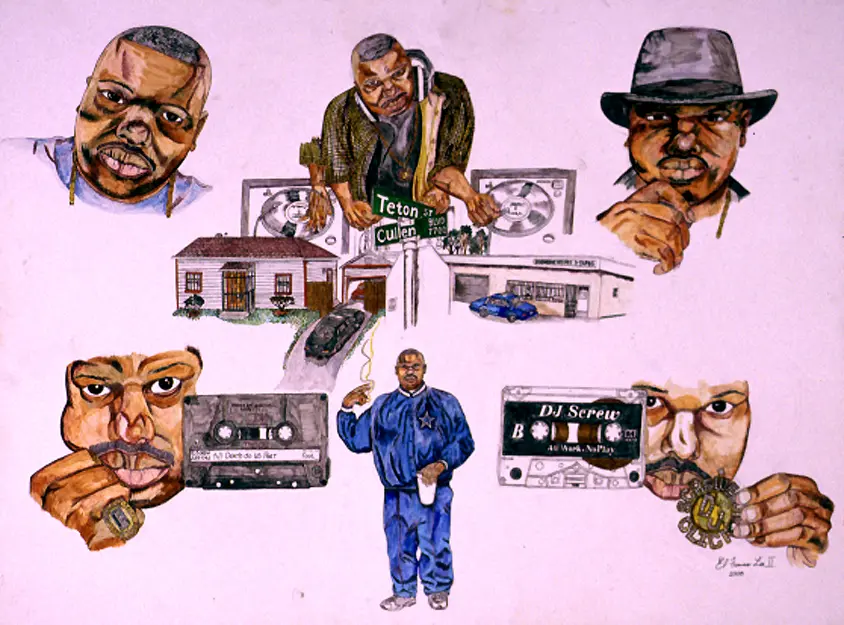 El Franco Lee II's mixed media illustration <em>DJ Screw Montage</em>, 2003 (Courtesy El Franco Lee II)