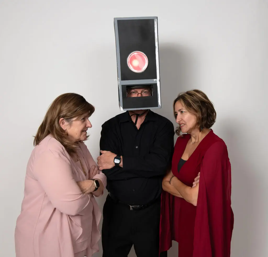 Leigh Meineke, Kevin Shaw, Tara Taheri in Night Court's production of “The Law Files: The Truth is Out There" (Photo by John Wilson)