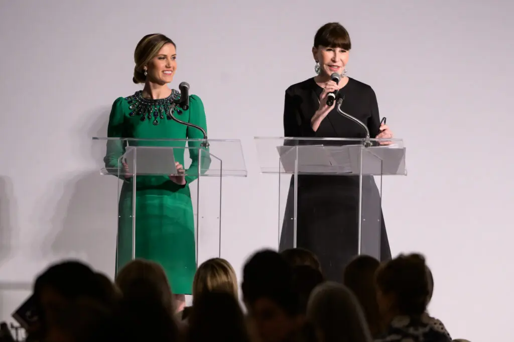Heather Almond, Shelby Hodge introduce honorees at the PaperCity Philanthropy in Fashion Best Dressed luncheon (Photo by Michelle Watson)