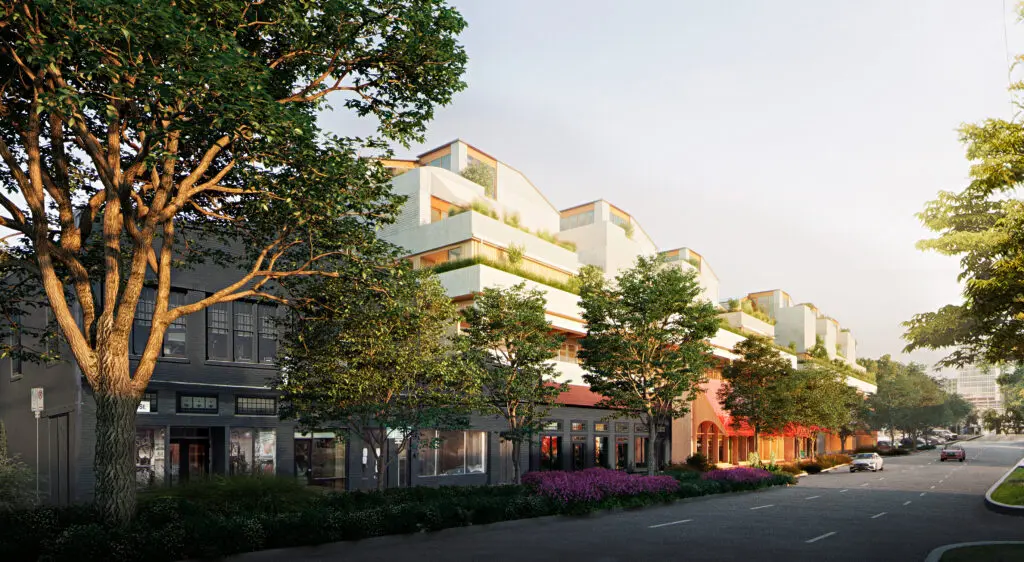 Street view of Sixth&Blanco, the mixed use development project in Austin's Clarksville neighborhood.  (Renderings from Herzog & de Meuron ) 