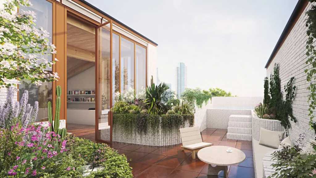 The great terrace one of the 10 luxury residences in the Sixth&Blanco mixed-use development in Austin's Clarksville neighborhood.  (Renderings from Herzog & de Meuron)