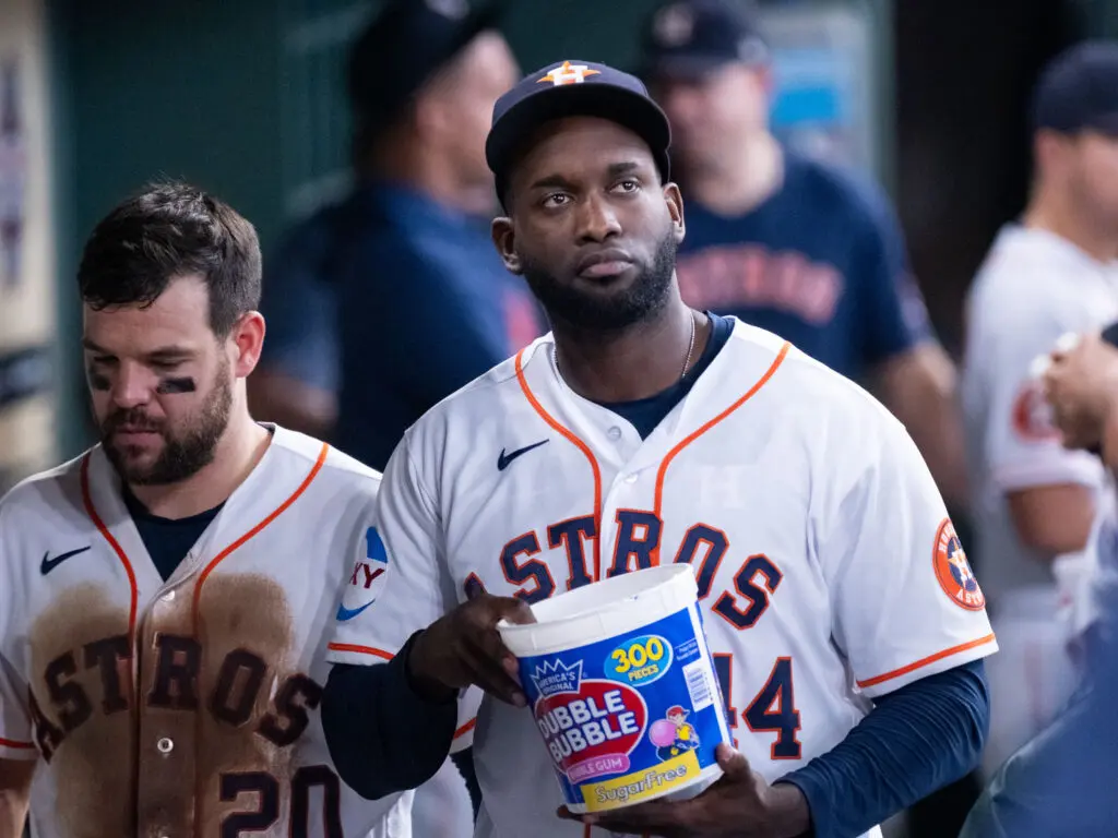 Astros superstar Yordan Alvarez sometimes just needs a little gum.  (Photo by F. Carter Smith)