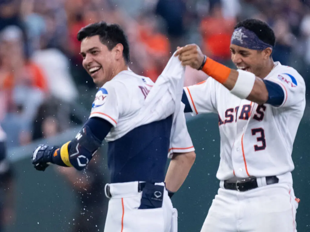 Astros shortstop Jeremy Pena is into Mauricio Dubon's walkoff moment. Who wouldn't be? (Photo by F. Carter Smith)