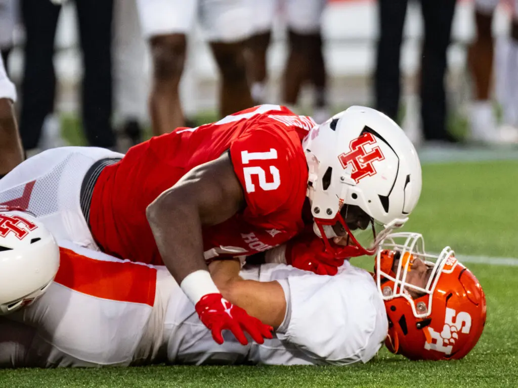 University of Houston edge rusher David Ugwoegbu can get up close and personal with opposing quarterbacks. (Photo by F. Carter Smith) 