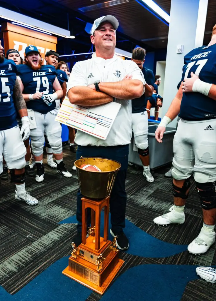 Rice coach Mike Bloomgren has the Bayou Bucket now with another one being played anytime soon still uncertain. (@RiceFootball)