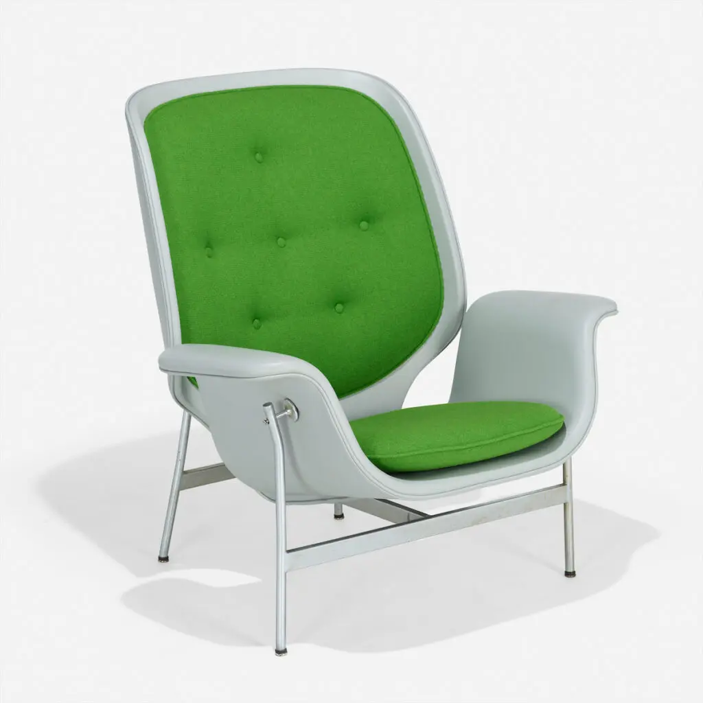 
George Nelson and Associates Kangaroo Chair, 1955 (leather, chrome-plated steel, wool upholstery)

