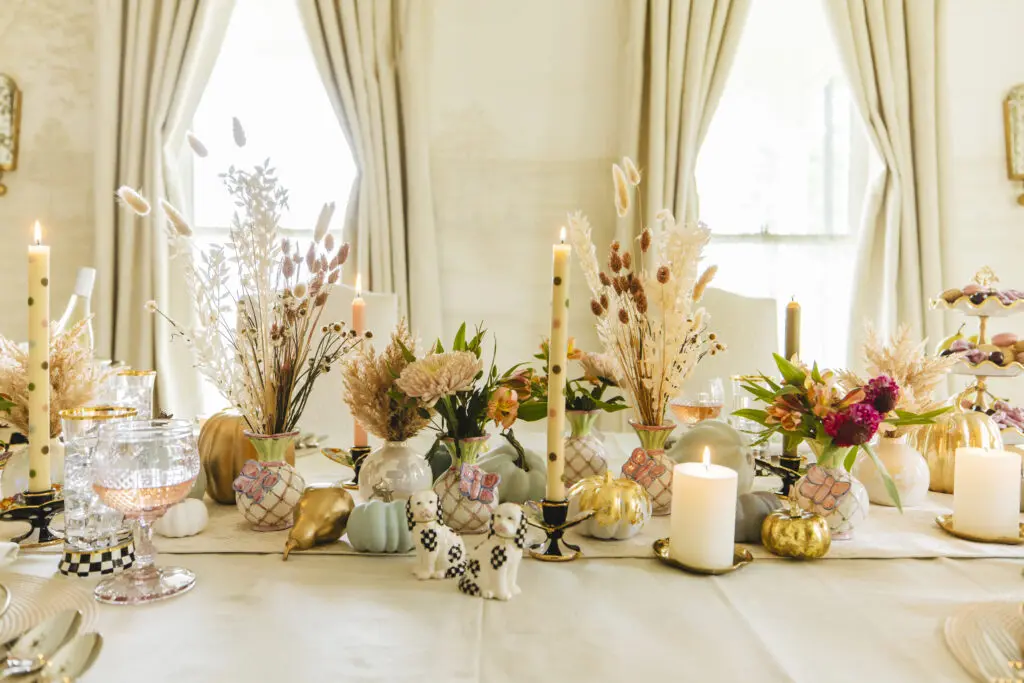A fall tablescape incorporating four butterfly bud vases from the new collection.