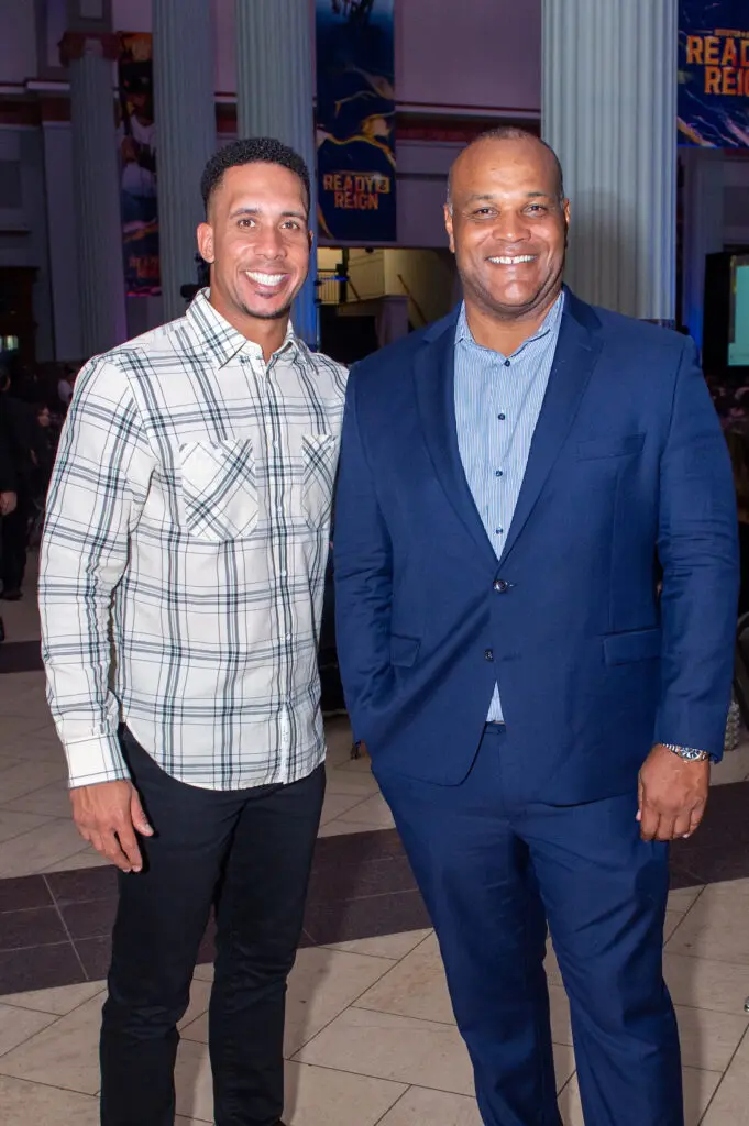 Michael Brantley, Chris Bell at the HelpCureHD gala held in Union Station at Minute Maid Park. (Photo by Jacob Power)