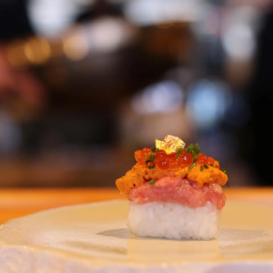 Three delicacies in one, the Uni plus features toro, uni, and ikura at Hatsuyuki Handroll Bar.