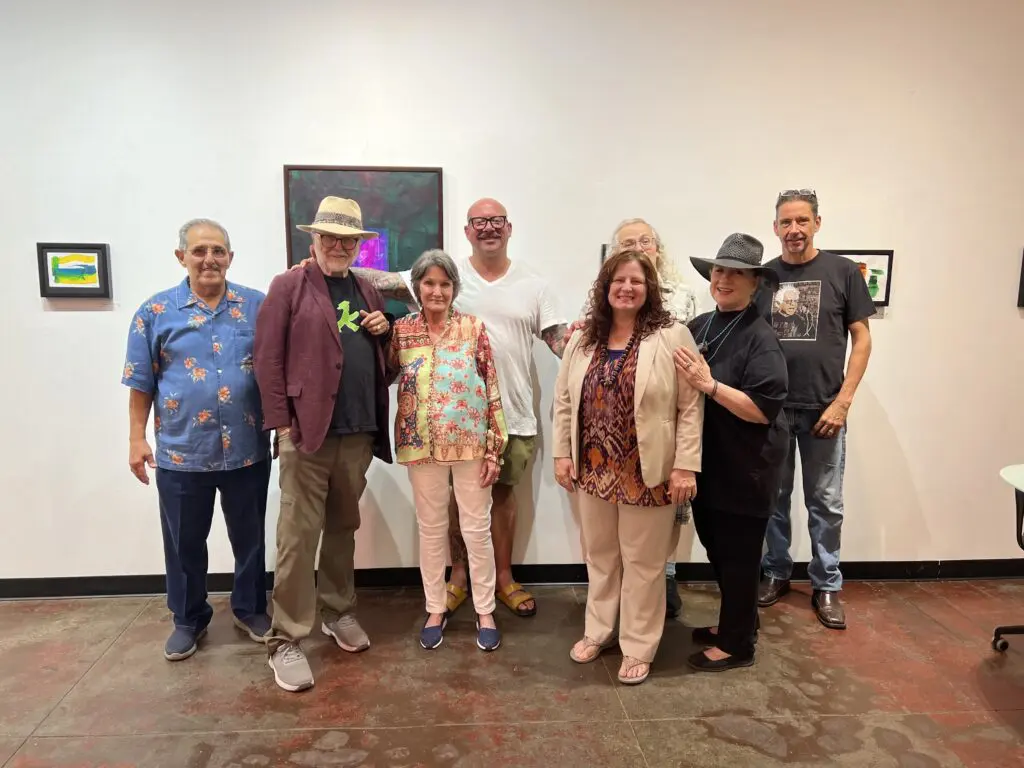 The Heights gang carries on: A J Vallone, Gus Kopriva, Beverley Gilbert, Jim Bagley, Doria Goldman, Micah Jackson, Michelle O'Michael, John Walker at the final show of gGSpot Contemporary, September 2023, for artist Dan Workman.