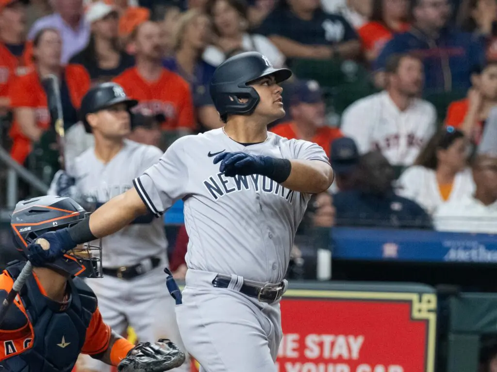 New York Yankees super rookie Jasson Dominguez already swings a mighty bat. (Photo by F. Carter Smith)