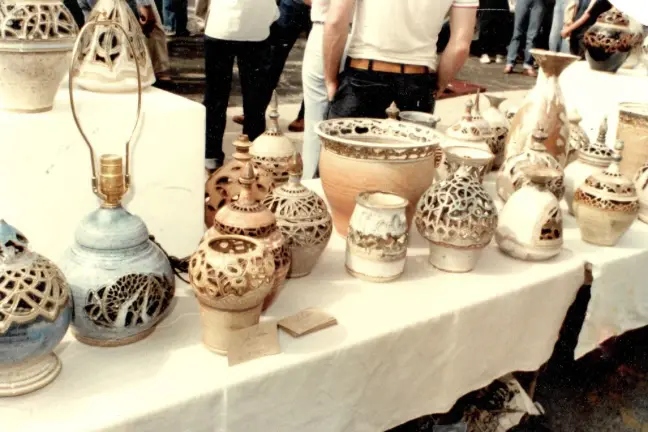 A view of John Foelber's handmade carved lanterns, featured at an outdoor arts festival, circa 1980. (Courtesy Foelber Pottery Gallery and Studios)