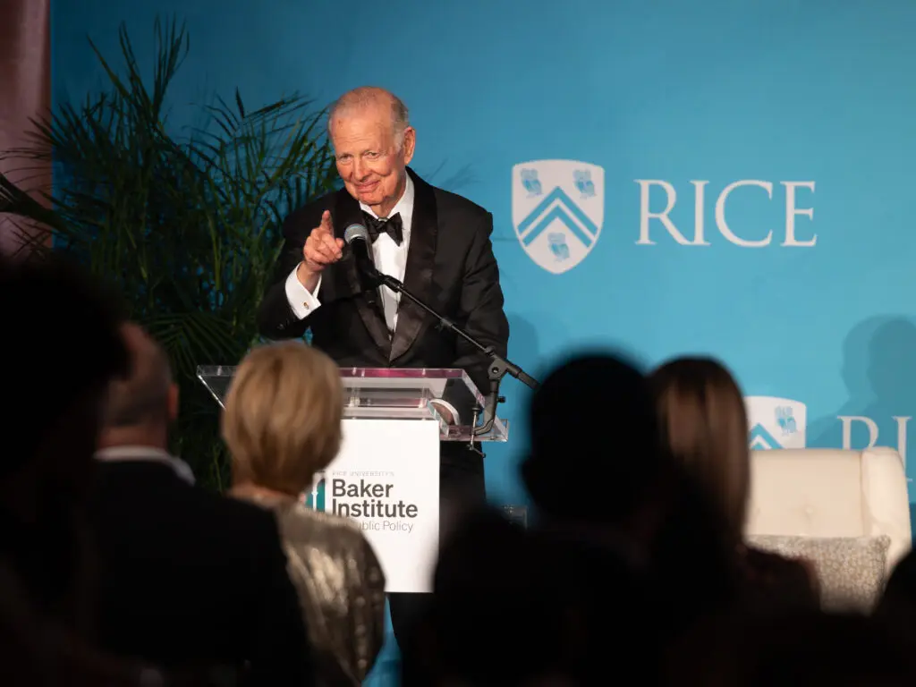 Former Secretary of State James A. Baker, III, at Rice Univeristy's Baker Institute's 30th Aniversary Gala Thursday Oct. 26, 2023. (Photo by Michael Stravato for the Baker Institute)