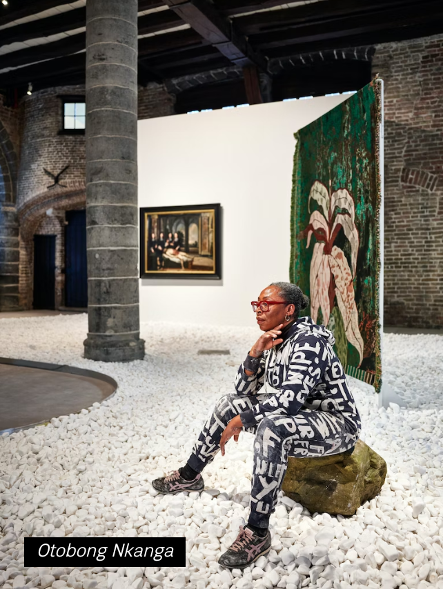 Artist Otobong Nkanga sits within her Musea Brugge installation. (Courtesy Musea Brugge)