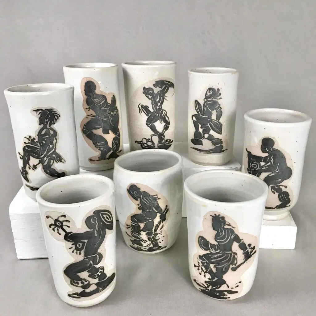 Earnest Snell's tribal dancer mugs, circa 2019. (Courtesy Foelber Pottery Gallery and Studios)