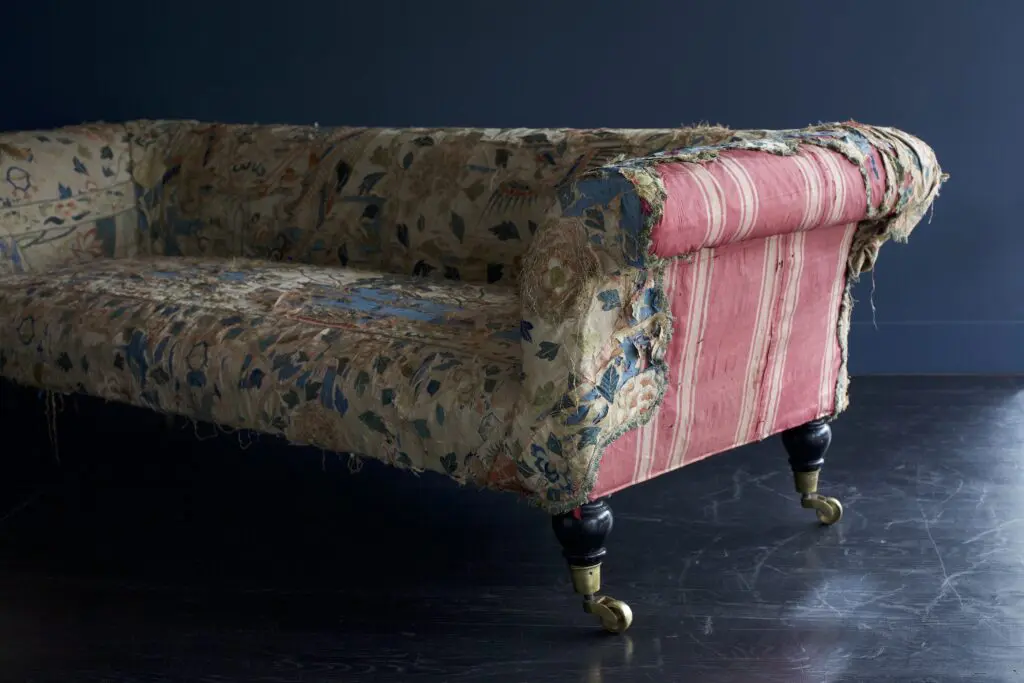 Reilly sofa upholstered with antique hand-embroidered manton de Manila at Blackman Cruz (Photo by Sidney Bensimon) 
