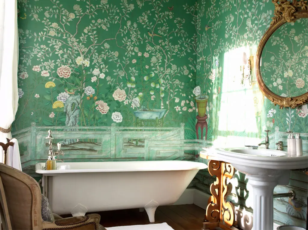 Temple Newsam de Gournay hand-painted wallpaper in standard design colors on custom Green Williamsburg painted silk. The former Balfour Castle hotel, Scotland.