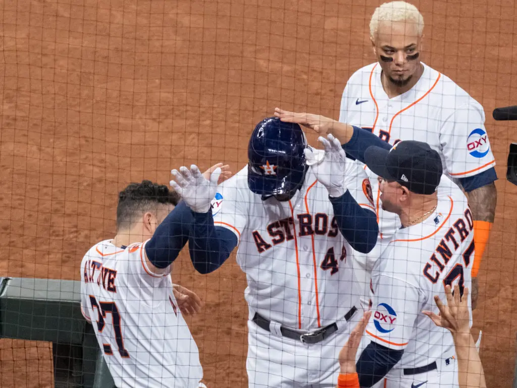 Celebrating a big Yordan Alvarez moment has become an Astros playoff tradition. (Photo by F. Carter Smith)