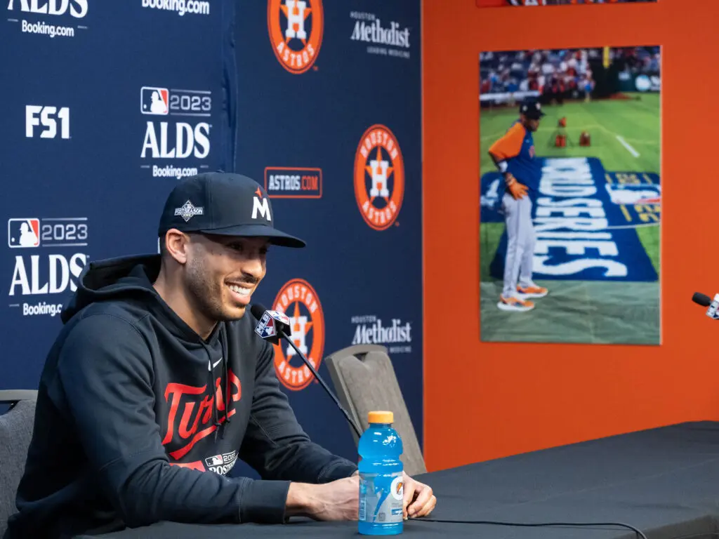 Carlos Correa is back in Houston and trying to knock the Astros out of the playoffs. (Photo by F. Carter Smith)