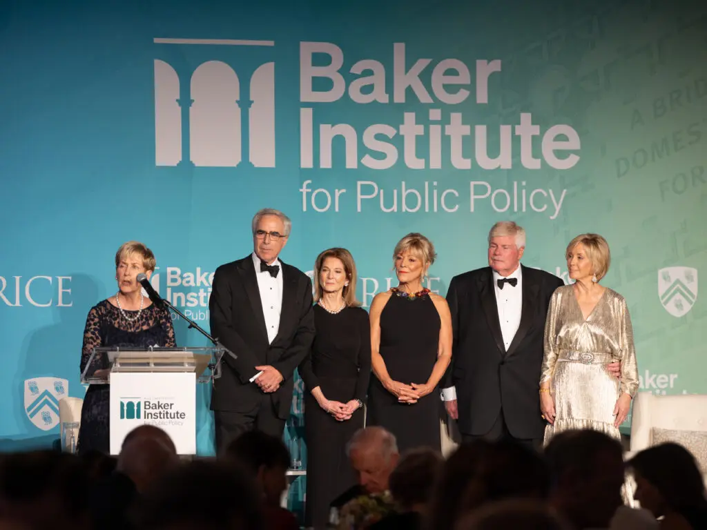 Rice University Baker Institute board of advisors president Linnet Deily introduces the 30th anniversary gala chairs Karl & Ann Stern, Franci Neely, and John Eddie and Sheridan Williams. (Photo by Michael Stravato for the Baker Institute)