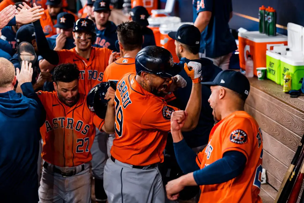Jose Abreu, Alex Bregman and the rest of the Astros hitters are having all kinds of fun in the playoffs against the Rangers. (@astros)