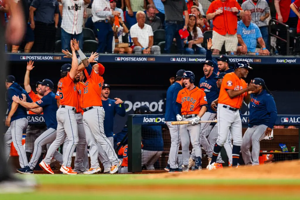 Jose Altuve's ninth inning home run in Game 5 of the American League Championship Series had the entire dugout erupting in pure joy. (@astros)