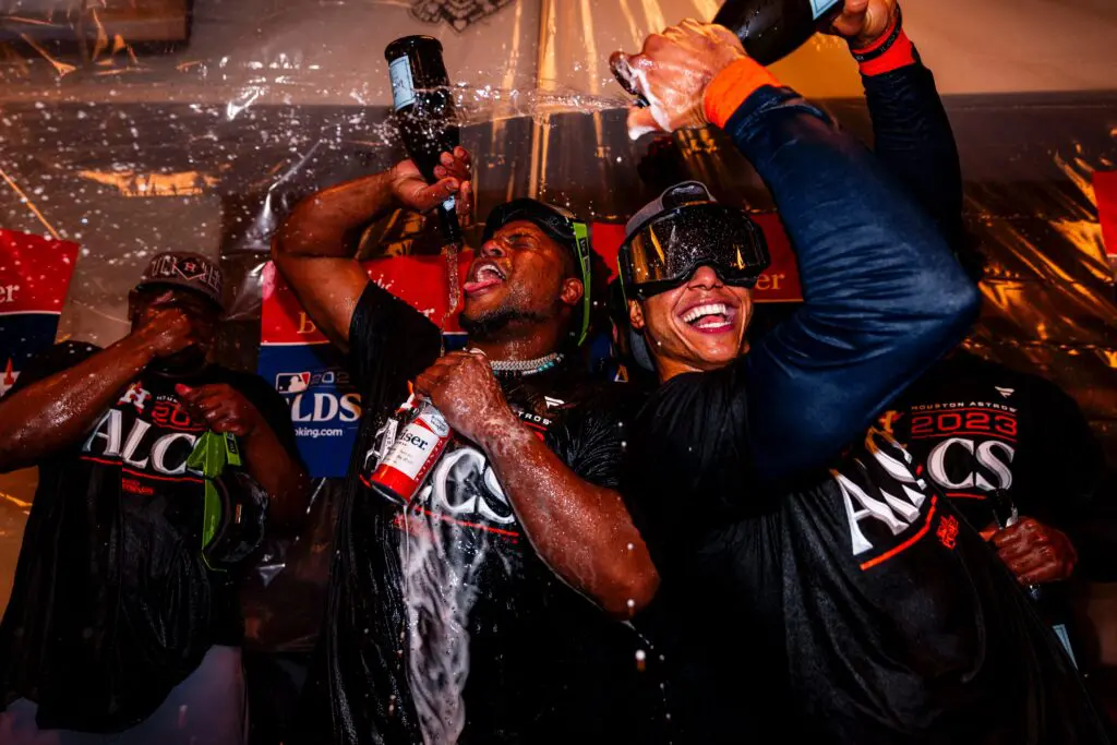 Framber Valdez and defensive wizard Jeremy Pena certainly know that advancing to a seventh straight ALCS deserves a party. (@HoustonAstros)