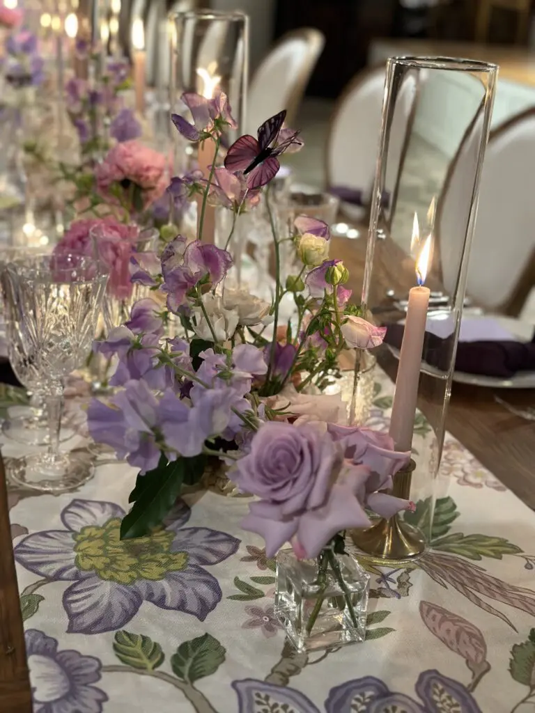 Detail of the tabletop florals that matched the table runners from Timothy Corrigan's fabric collection. (Photo by MoDavisPhotography.com)