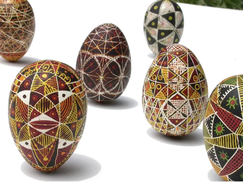 Pictured here are Ukrainian Easter eggs known as pysanky (singular: pysanka), which artist Nestor Topchy has conducted decorating workshops on in the past. Topchy's ethnic background includes Ukrainian heritage. His father, Viktor Topchy, was from Ukraine. 
 (Courtesy Nestor Topchy)