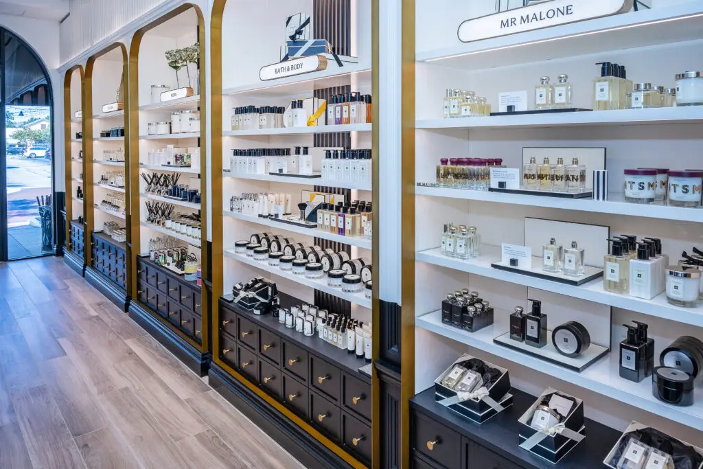 The Jo Malone product wall has scents organized by application - complete with an entire line for men dubbed Mr. Malone. (Photo by Kathleen O'Ryan)