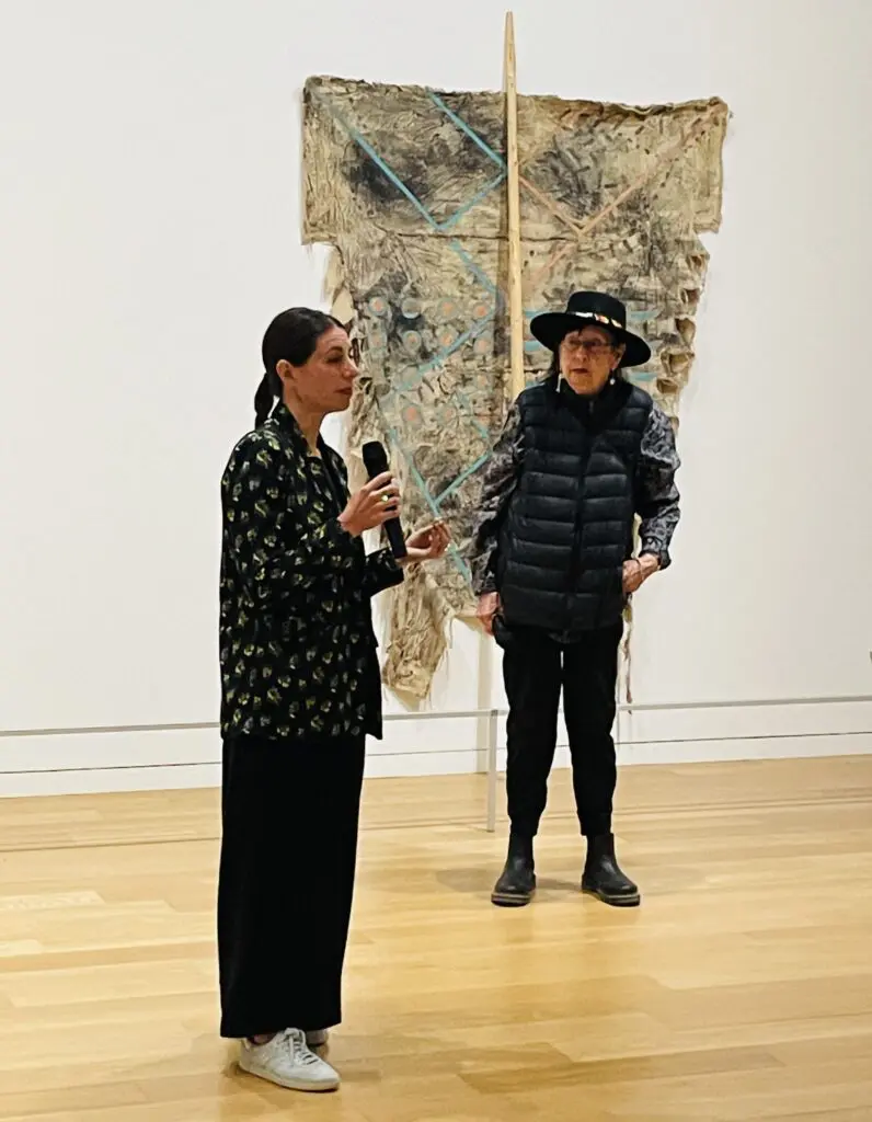 Jaune Quick-to-See Smith educates at a media preview of her new exhibit in Fort Worth. (Photo by Courtney Dabney)