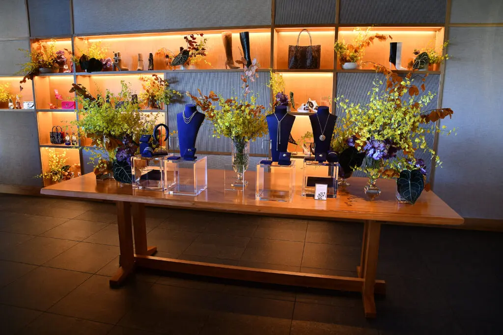 De Beers jewelry and Christian Louboutin pieces on display at Nobu for The Galleria & PaperCity Luxe Luncheon saluting Santa's Elves.