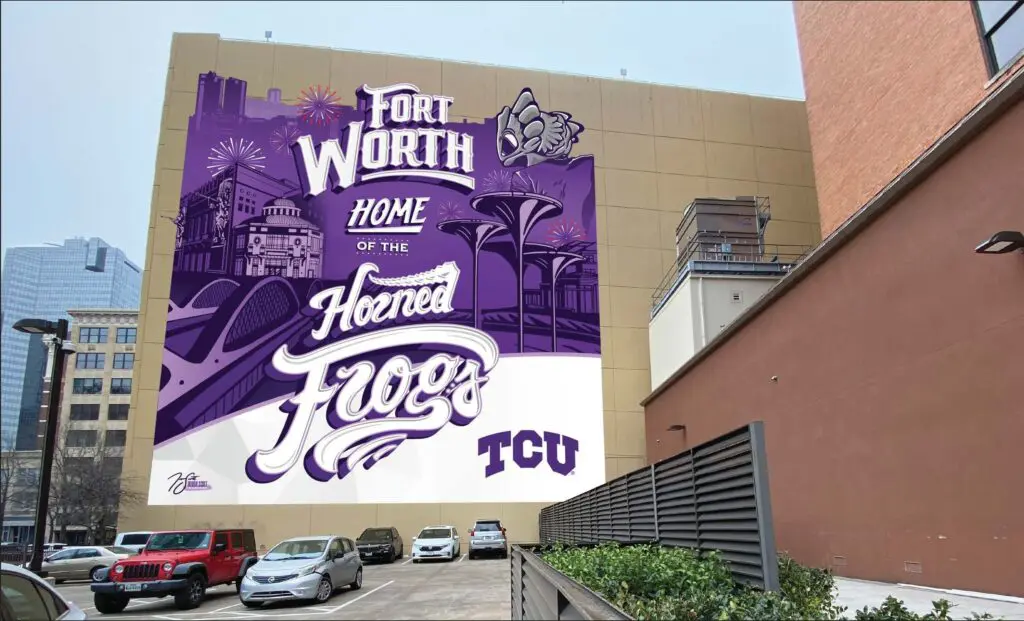 TCU Downtown mural revealed in downtown to celebrate the school's 150th year. Designed by alum Trevor Scott.