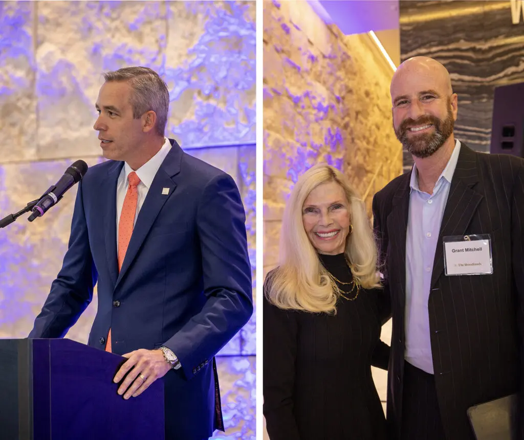 Jim Carman (left), president Houston Region for Howard Hughes, and Dr. Ann Snyder (center), chairman of the Board of Directors for The Woodlands Township, presided over The Woodlands 50th Anniversary kickoff announcement. The event brought together current and founding leaders, including Grant Mitchell (right), son of Cynthia and George Mitchell.