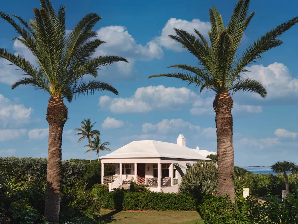 A pair of ancient palmetto trees, endemic to the island, frames a view of the carriage house. (Photo by Douglas Friedman)