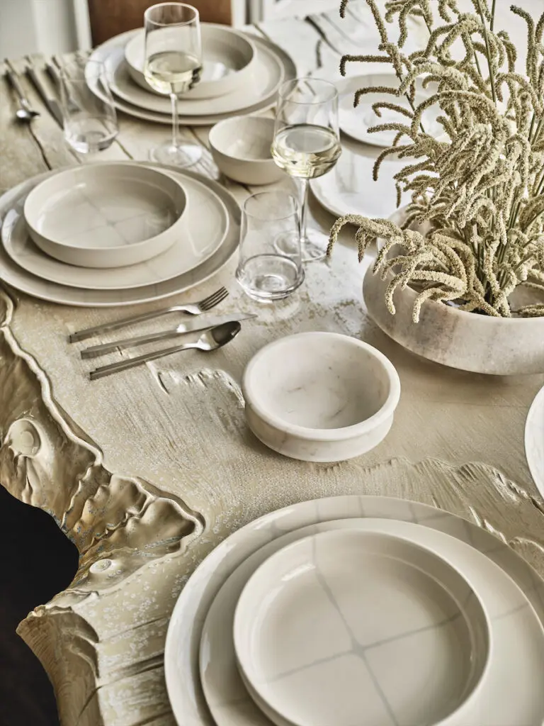 The Kelly Wearstler x Serax Zuma and Dune tabletop collections include pieces in porcelain, ceramic, marble, sterling silver, and glass.