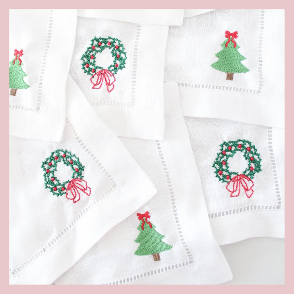 Wreath & Tree Cocktail Napkins,
$34.50.