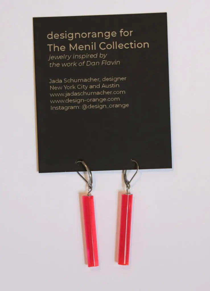 Color expert and Fashion Institute of Technology professor Jada Schumacher, based in Austin and NYC, created these Dan Flavin-inspired earrings for her Design Orange label. $48. (Courtesy The Menil Collection Bookstore)